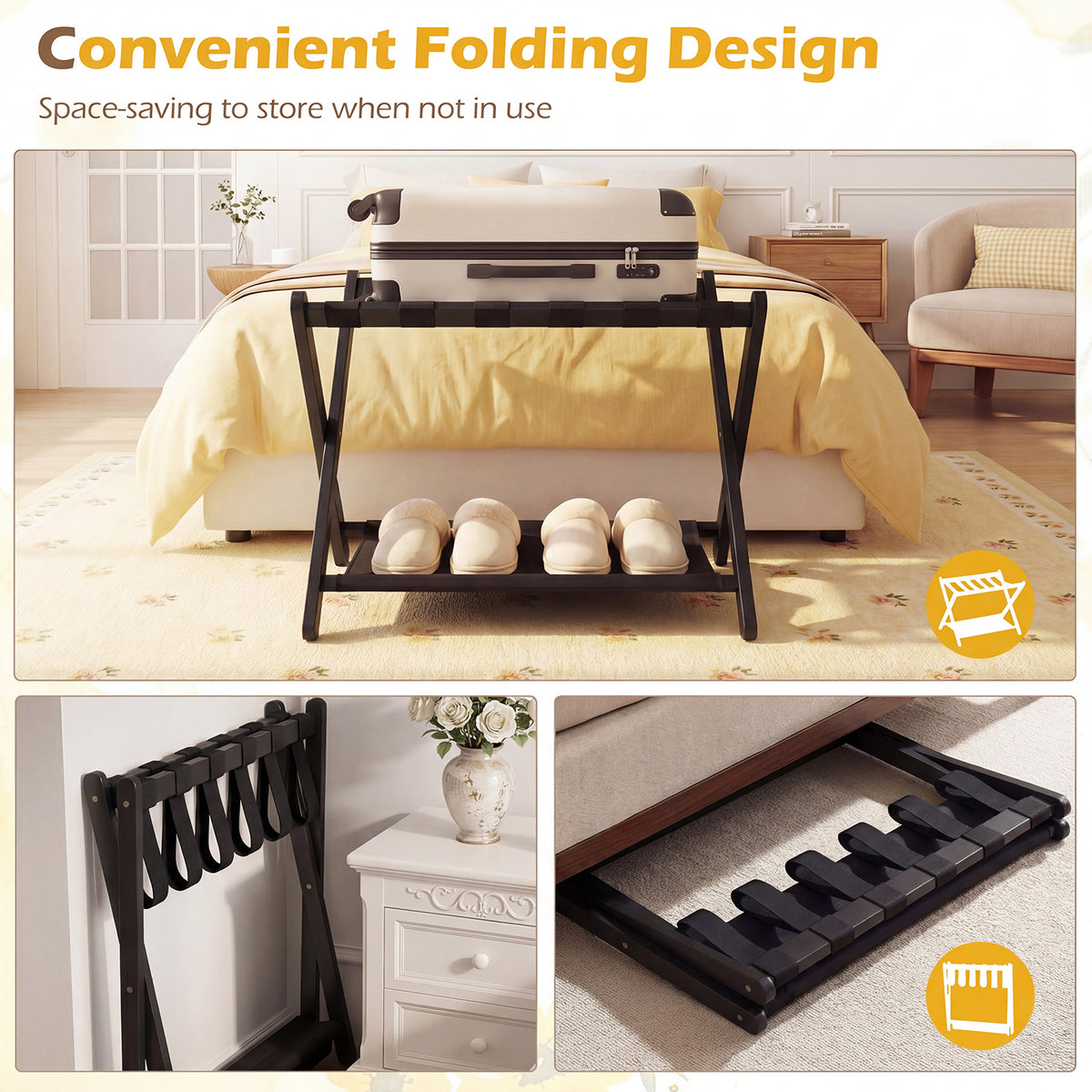 Set of 2 Folding Luggage Rack with Rubberwood Frame for Bedroom-Black