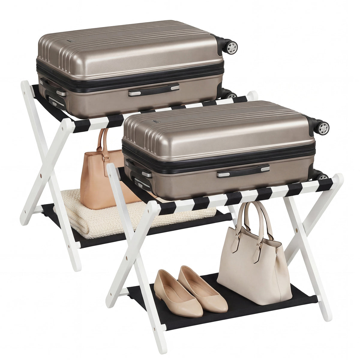 Set of 2 Folding Luggage Rack with Rubberwood Frame for Bedroom-White