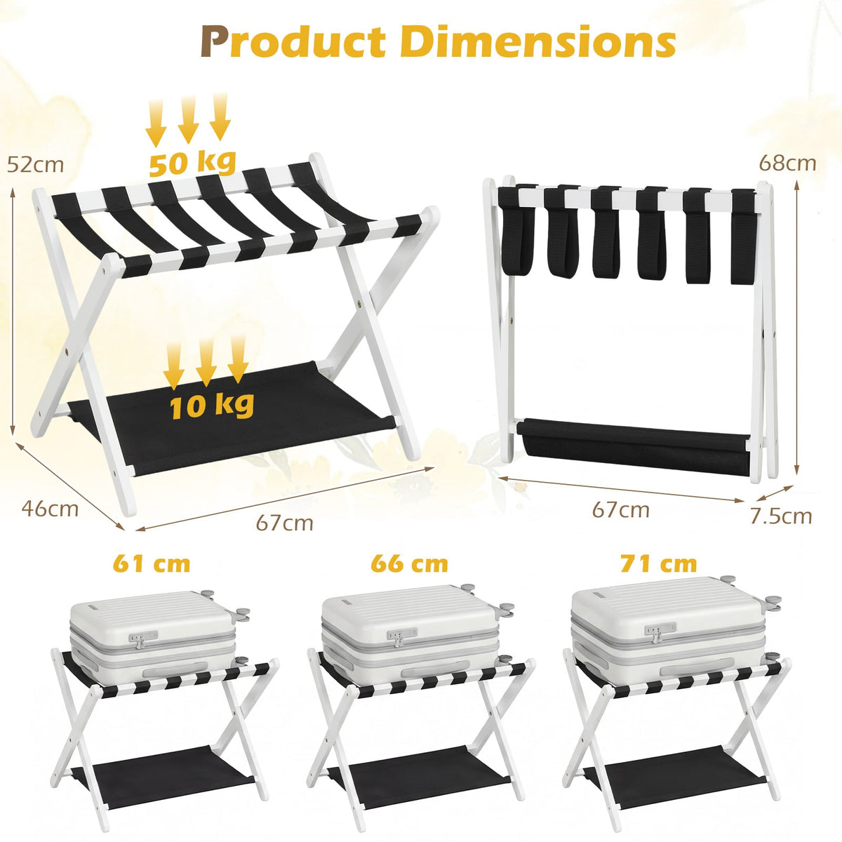 Set of 2 Folding Luggage Rack with Rubberwood Frame for Bedroom-White