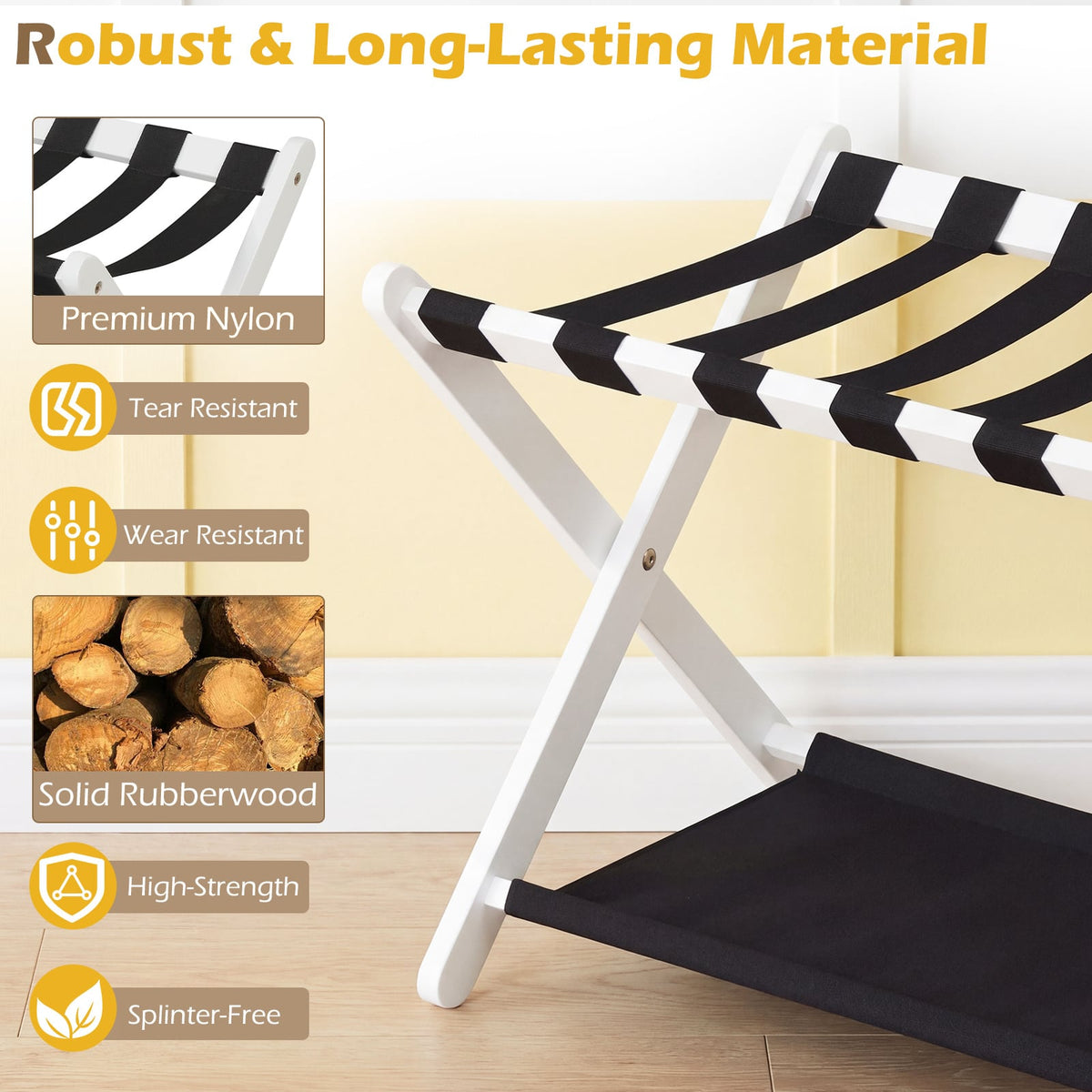 Set of 2 Folding Luggage Rack with Rubberwood Frame for Bedroom-White