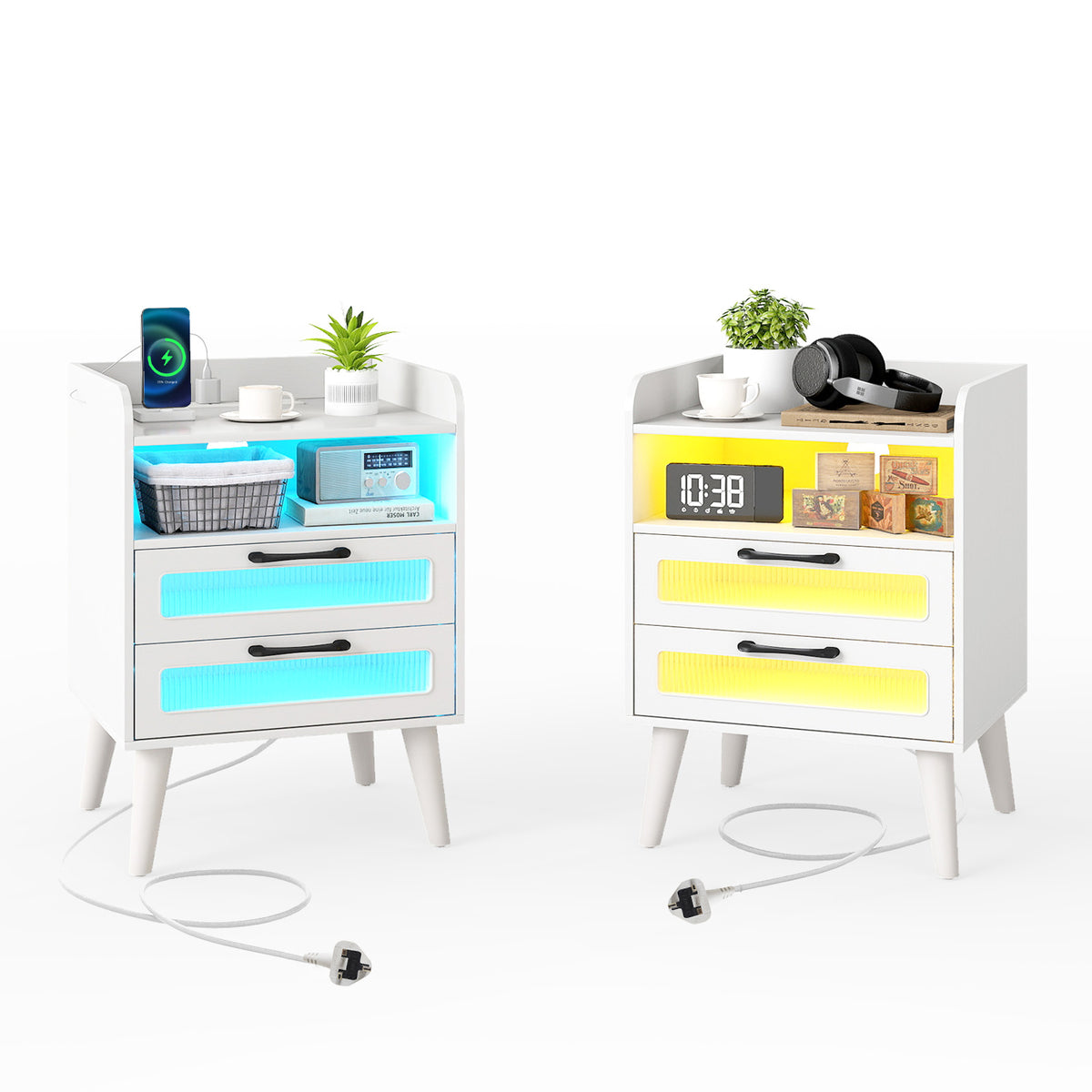Set of 2 Mid Century Nightstand Modern Bedside Table with Charging Station-White