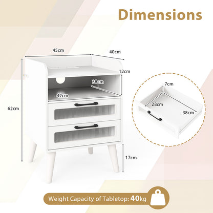 Set of 2 Mid Century Nightstand Modern Bedside Table with Charging Station-White