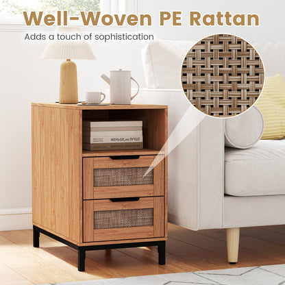 Set of 2 Narrow End Table with Charging Station Rattan Nightstand with 2 Drawers-Natural