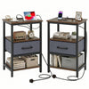 Set of 2 Nightstand Bedside Table with Charging Station and Drawer-Rustic Brown