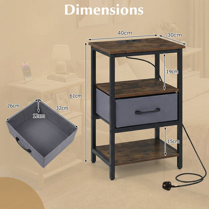 Set of 2 Nightstand Bedside Table with Charging Station and Drawer-Rustic Brown