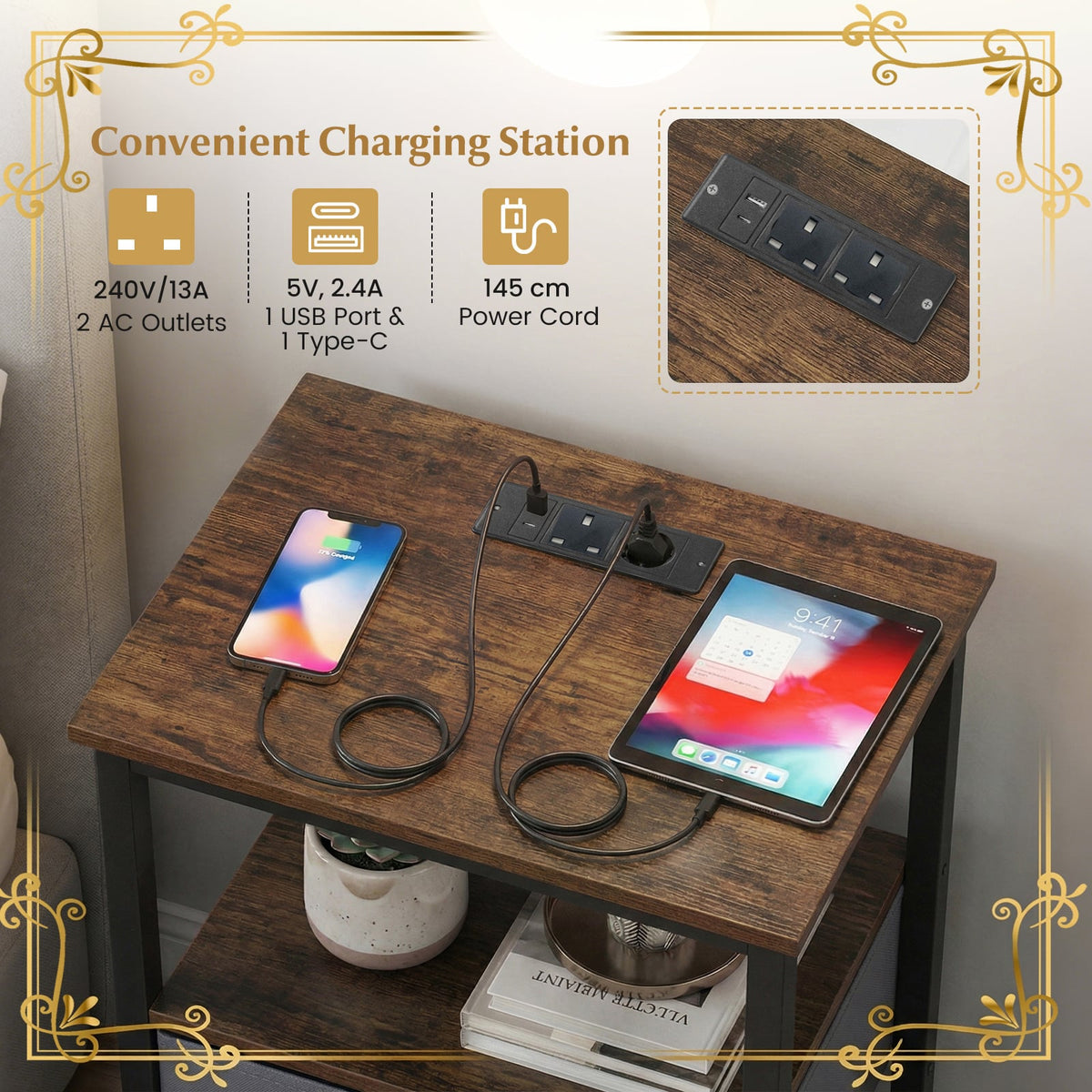 Set of 2 Nightstand Bedside Table with Charging Station and Drawer-Rustic Brown