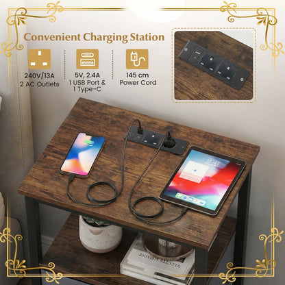 Set of 2 Nightstand Bedside Table with Charging Station and Drawer-Rustic Brown