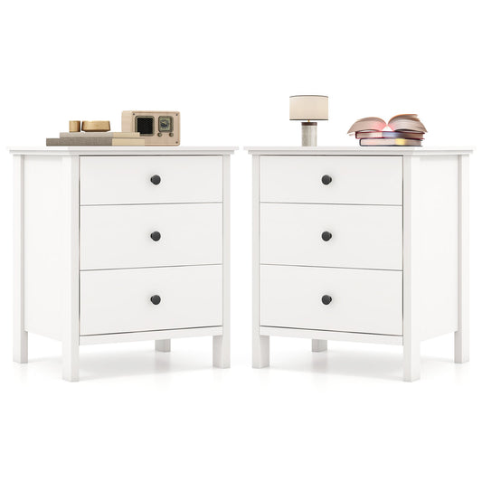 Set of 2 Nightstand with 3 Drawer for Bedroom Compact Storage Chest-White