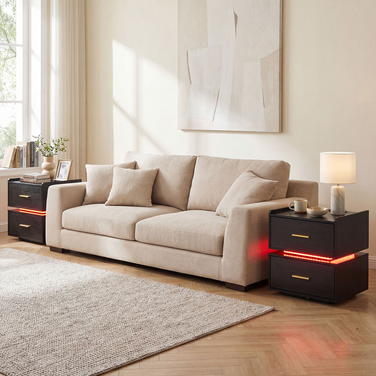 Set of 2 Nightstand with Charging Station and 2 Storage Drawers-Black