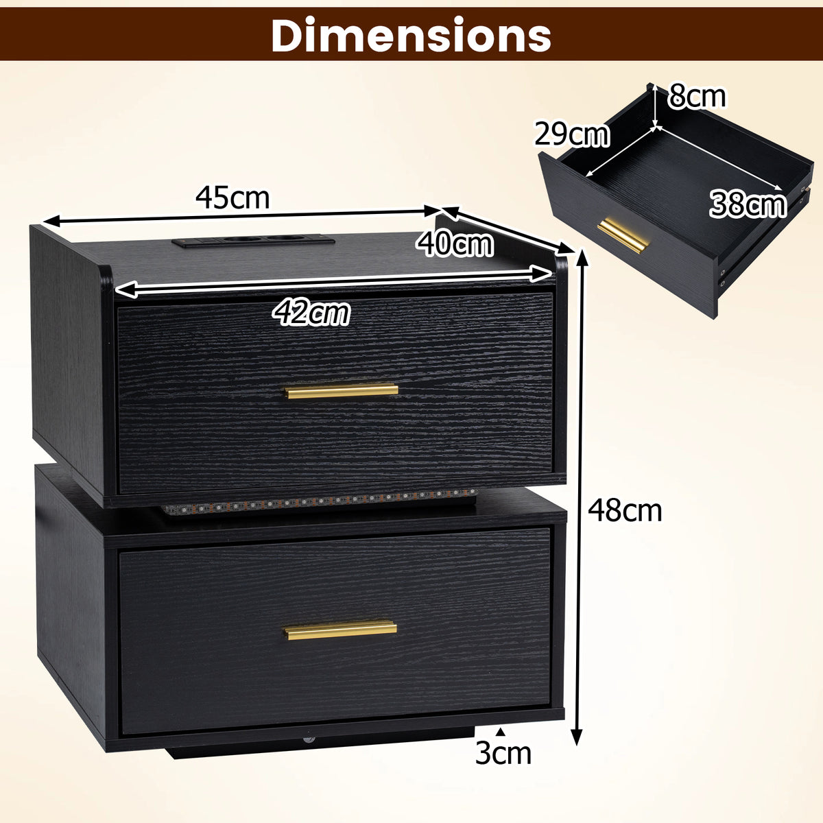 Set of 2 Nightstand with Charging Station and 2 Storage Drawers-Black