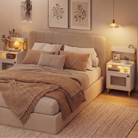 The bedside tables placed on either side of a double bed in a cosy bedroom setting