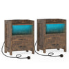 Set of 2 Nightstand with LED Lights and Power Outlets for Living Room-Rustic Brown