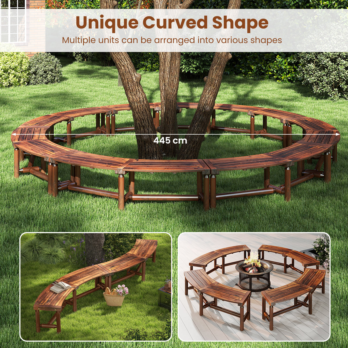 Set of 2 Patio Curved Bench Solid Wood Fire Pit Bench for 2-3 People Outdoor Backless Loveseat-Brown