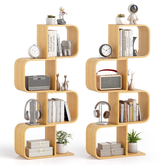 Set of 2 S-Shaped Bookcase Bamboo Bookshelf with 2 open cubes and 4 tiers