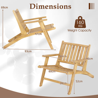 Set of 2 Teak Wood Outdoor Reclining Chair Natural Mid Century Accent Armchair