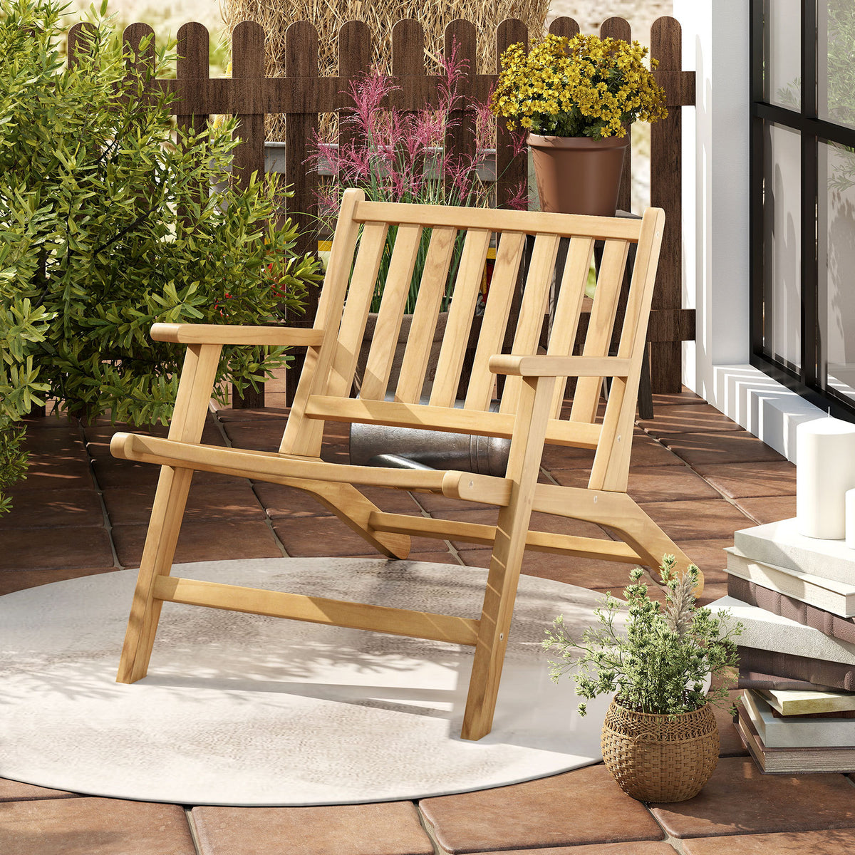 Set of 2 Teak Wood Outdoor Reclining Chair Natural Mid Century Accent Armchair