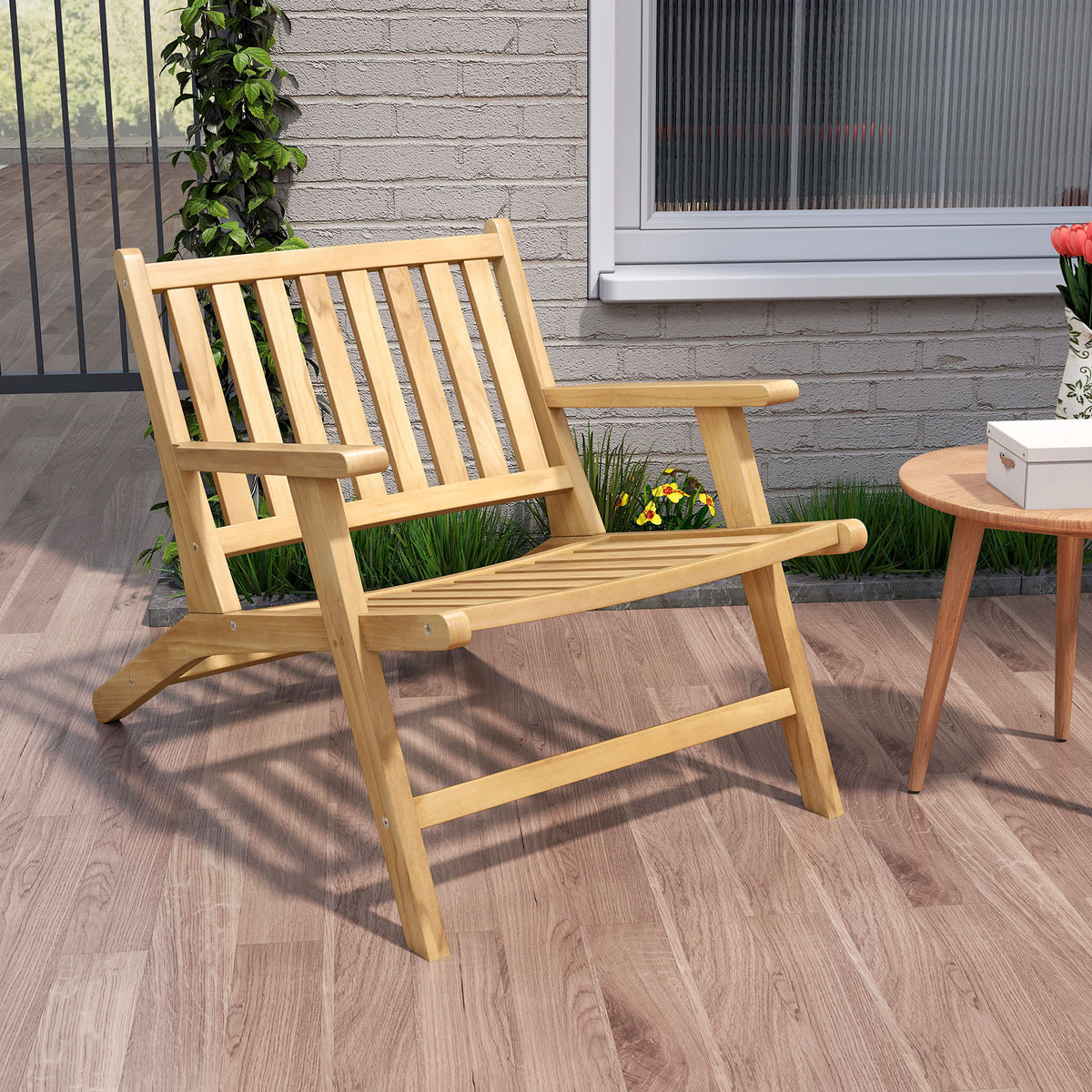 Set of 2 Teak Wood Outdoor Reclining Chair Natural Mid Century Accent Armchair