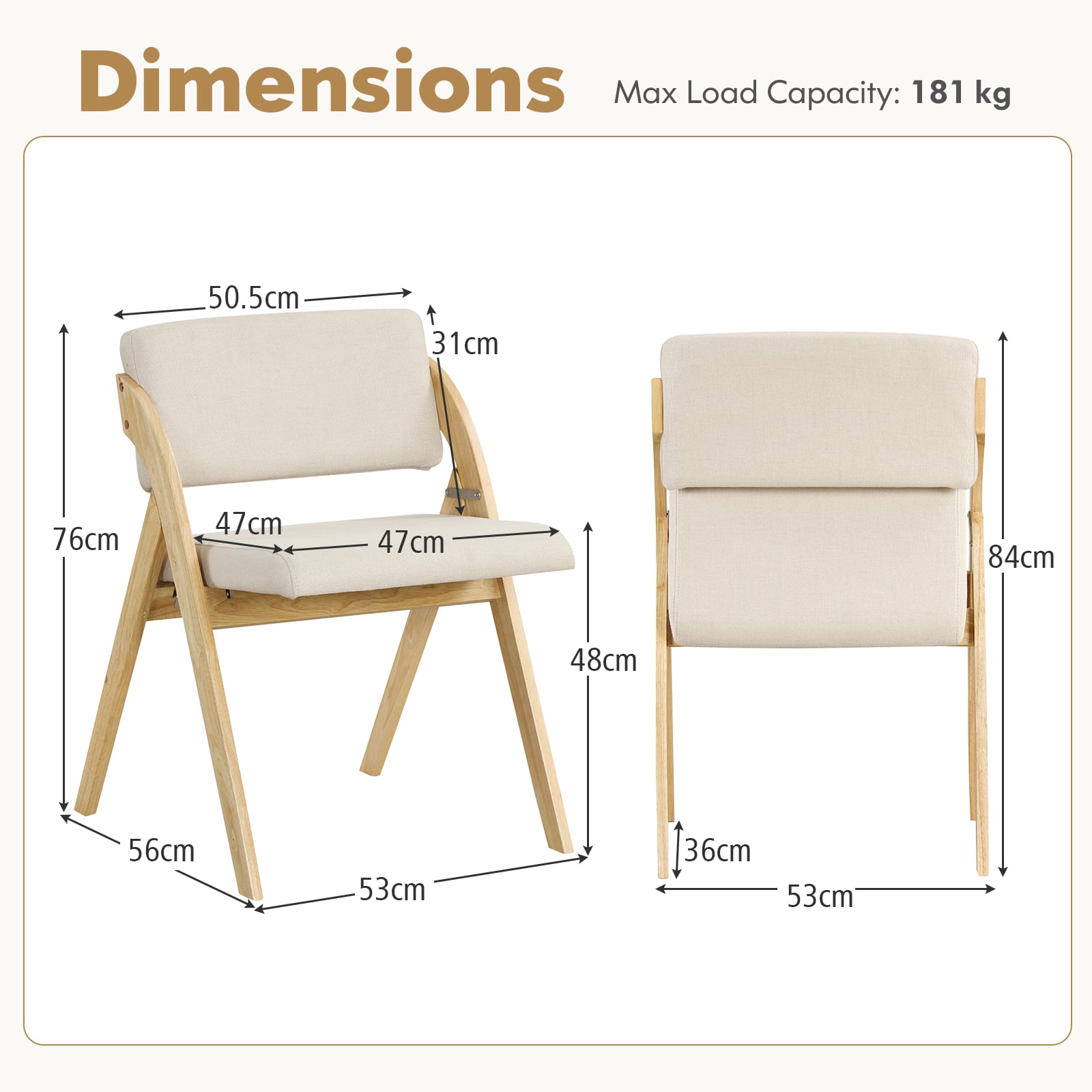 Set of 2 Dining Chairs Folding Kitchen Chair with Rubber Wood Legs-Natural