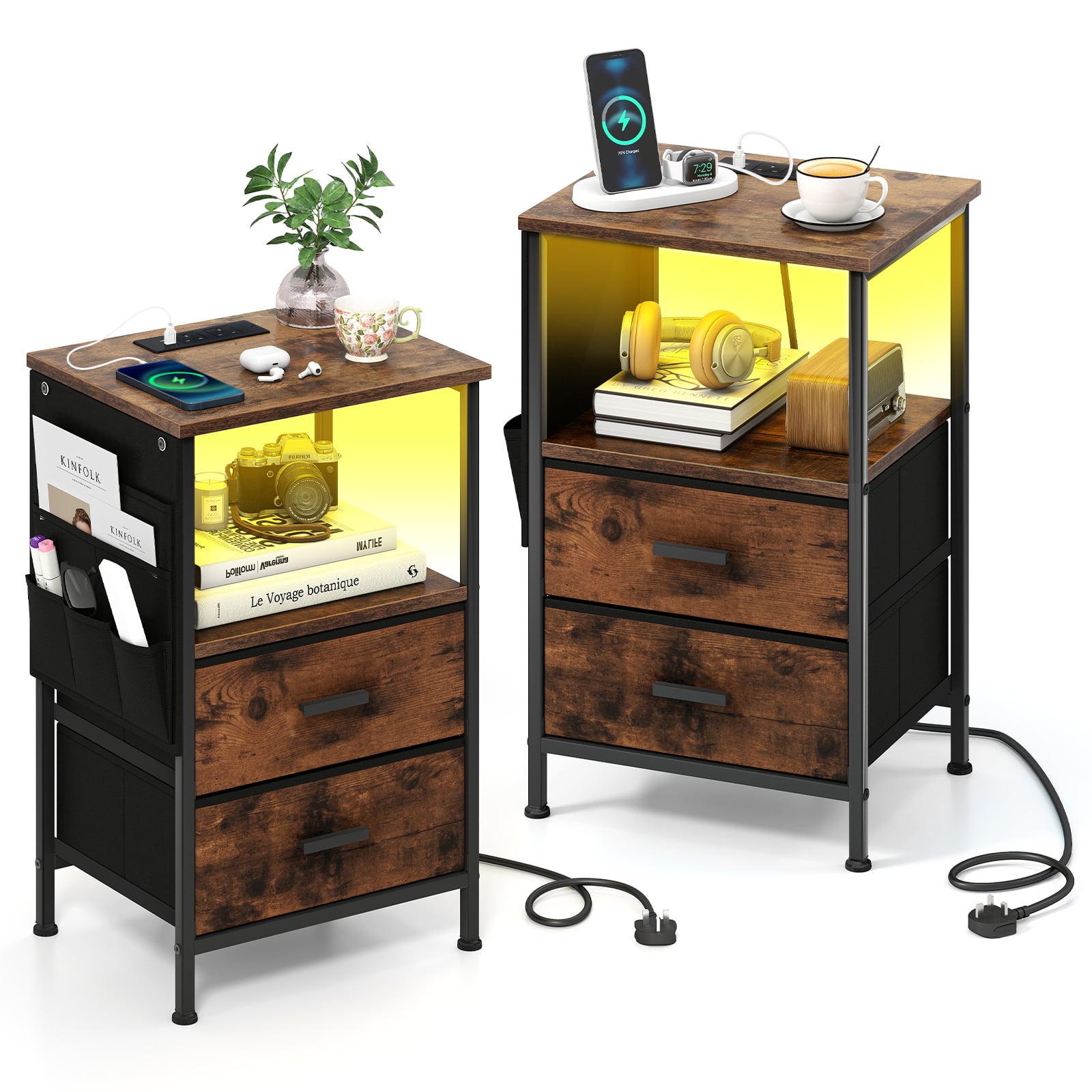 Set of 2 End Tables with Charging Station and 2 Folding Fabric Drawers-Rustic Brown