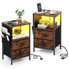 Set of 2 End Tables with Charging Station and 2 Folding Fabric Drawers-Rustic Brown