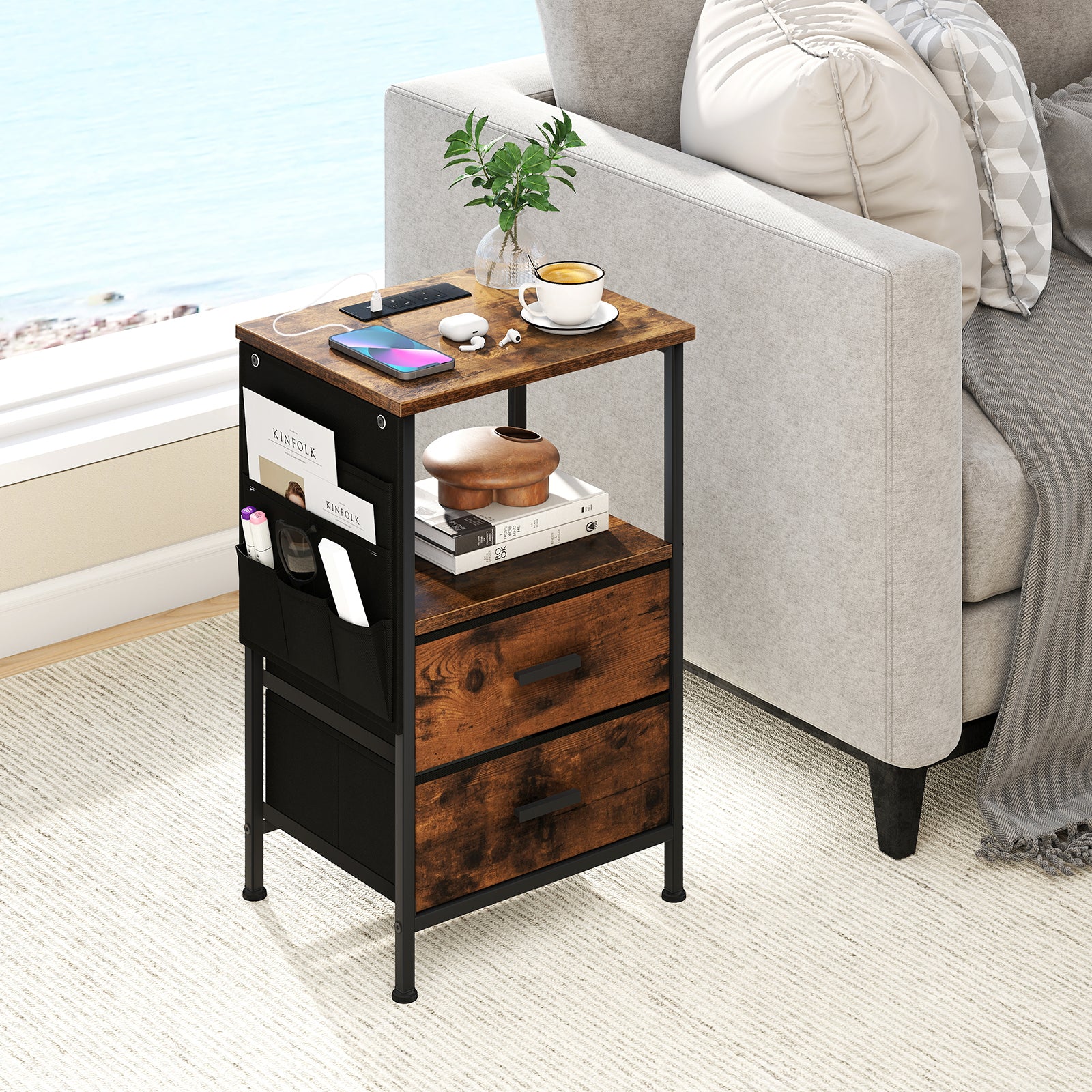 Set of 2 End Tables with Charging Station and 2 Folding Fabric Drawers-Rustic Brown
