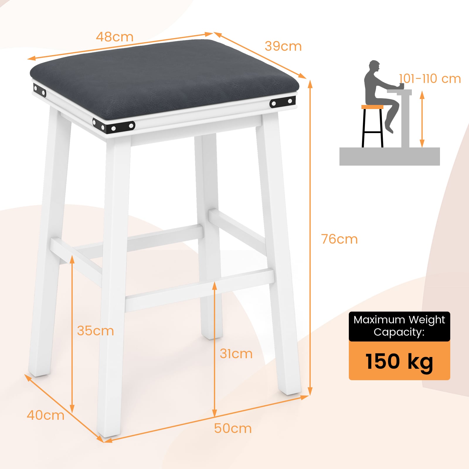 Set of 2 Upholstered Bar Stool 76cm Backless Height Bar with Footrest-White