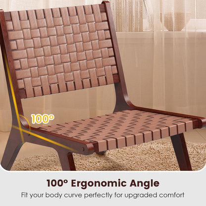 Set of 2 Woven Leather Accent Chairs with Wood Frame-Brown