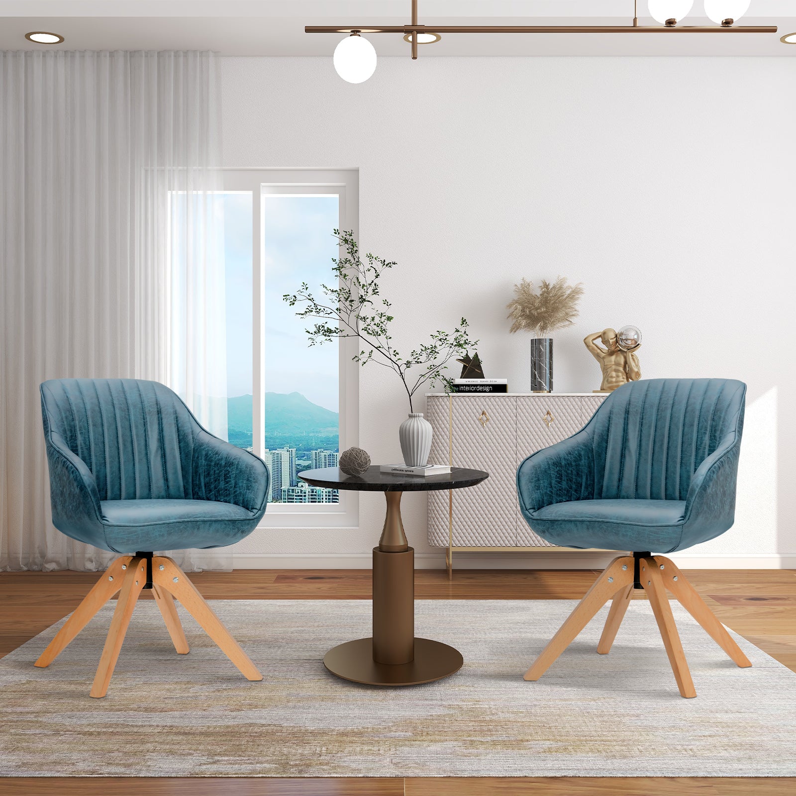Set of 4 360° Swivel Accent Chair with Solid Wood Legs-Blue