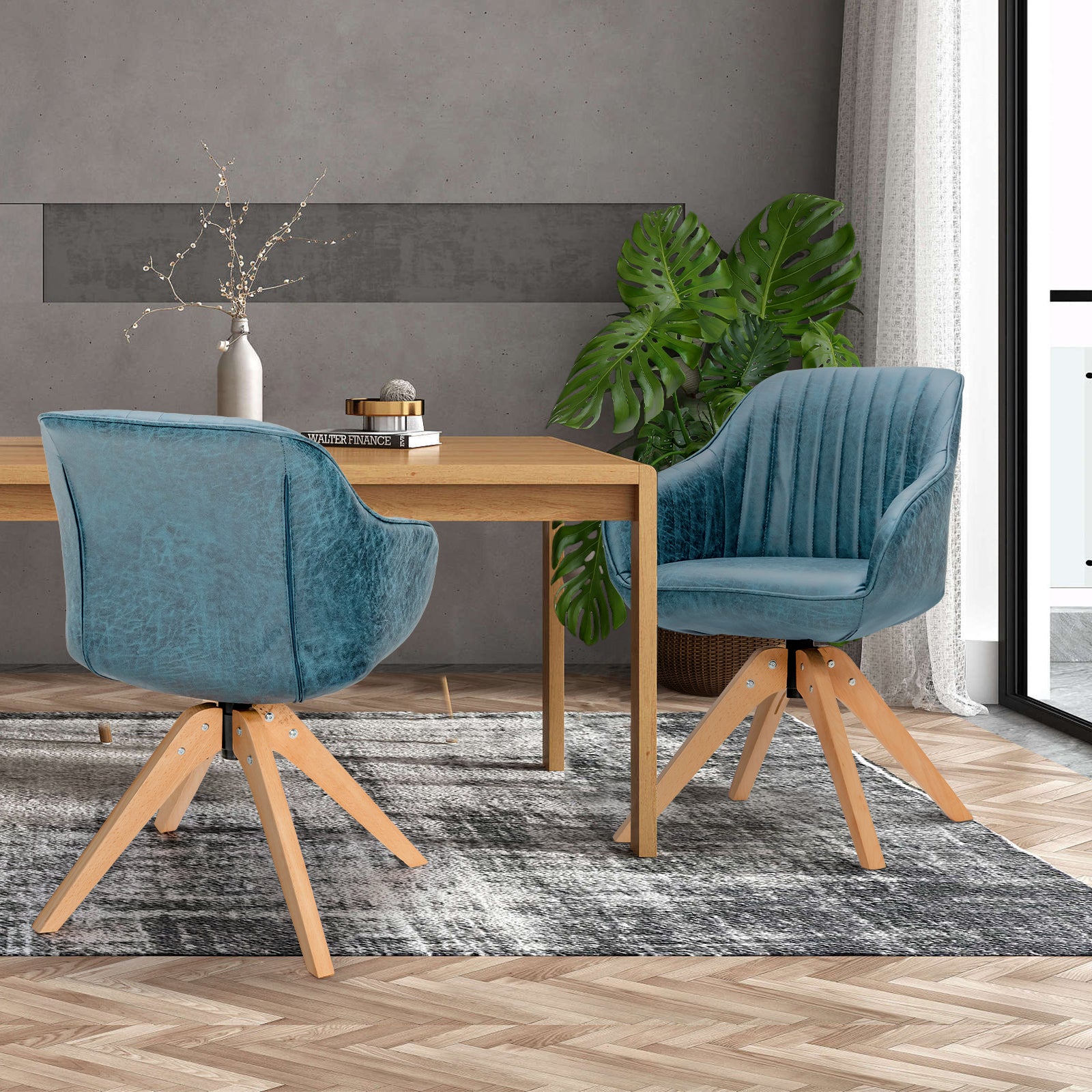 Set of 4 360° Swivel Accent Chair with Solid Wood Legs-Blue