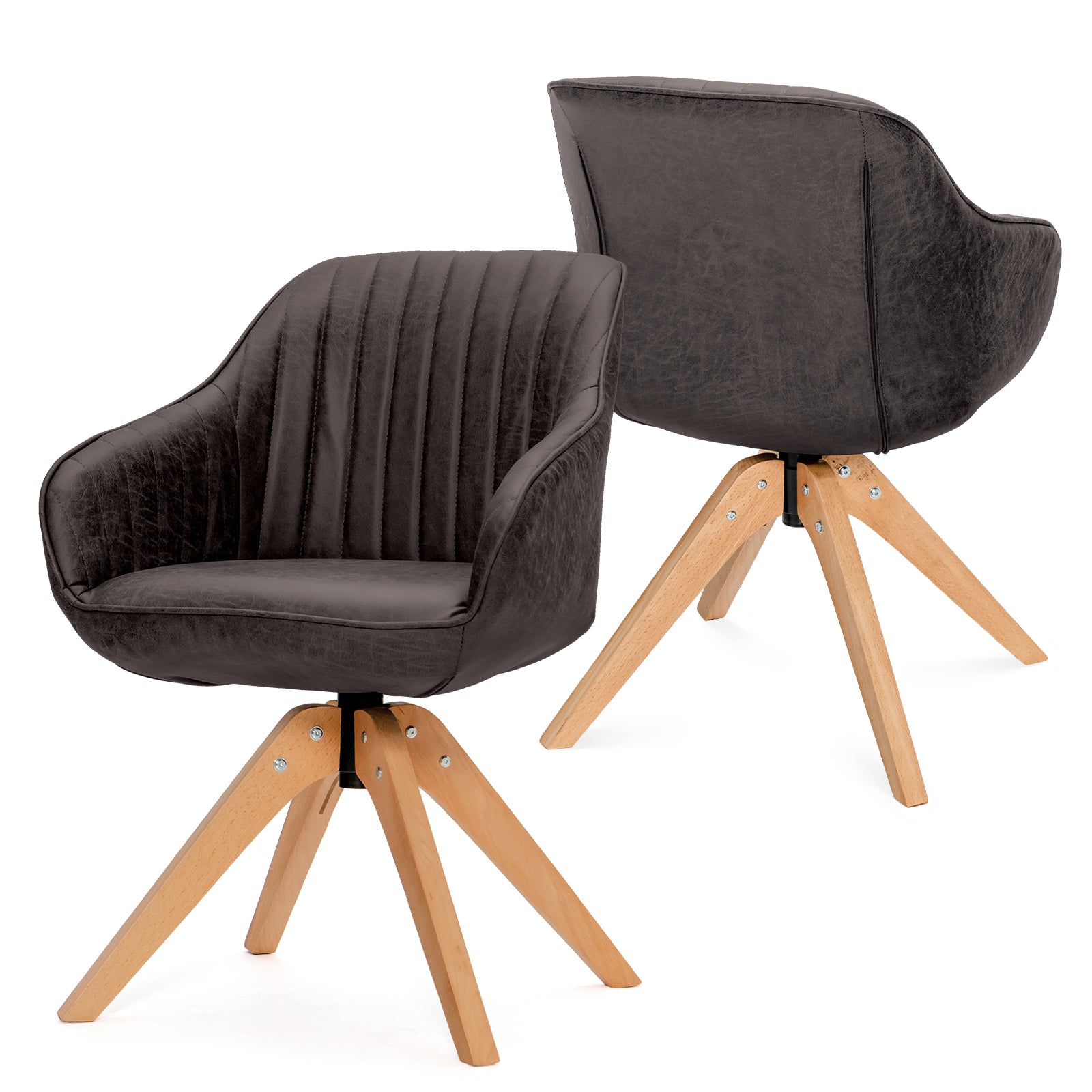 Set of 4 360° Swivel Accent Chair with Solid Wood Legs-Brown