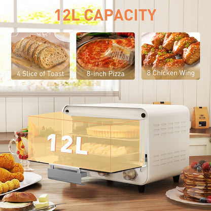 HOMCOM Mini Oven, Small Toaster Oven with Glass Door, Adjustable Temperature and Timer, Accessory Included, 750W, Cream White