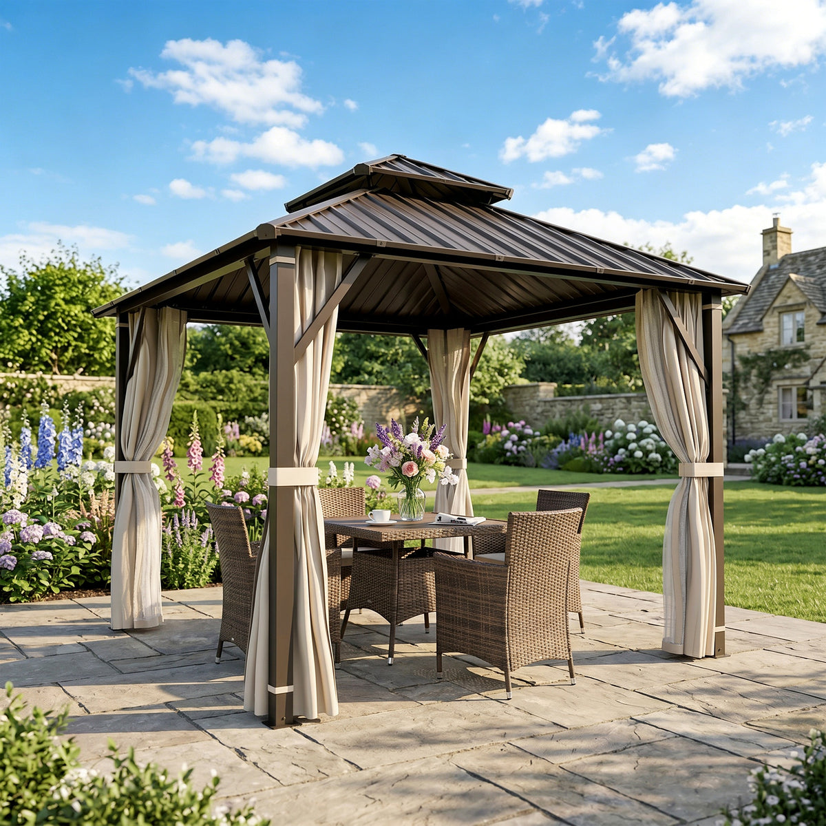 Outsunny Hardtop Gazebo Canopy with Double Metal Roof in Beige