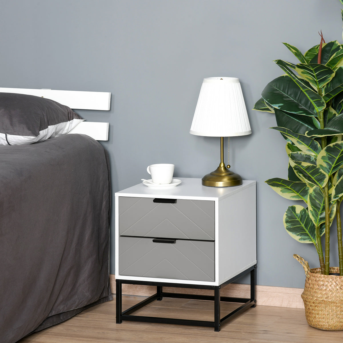 HOMCOM Bedside Cabinet with 2 Drawer Storage Unit in White and Grey and Black
