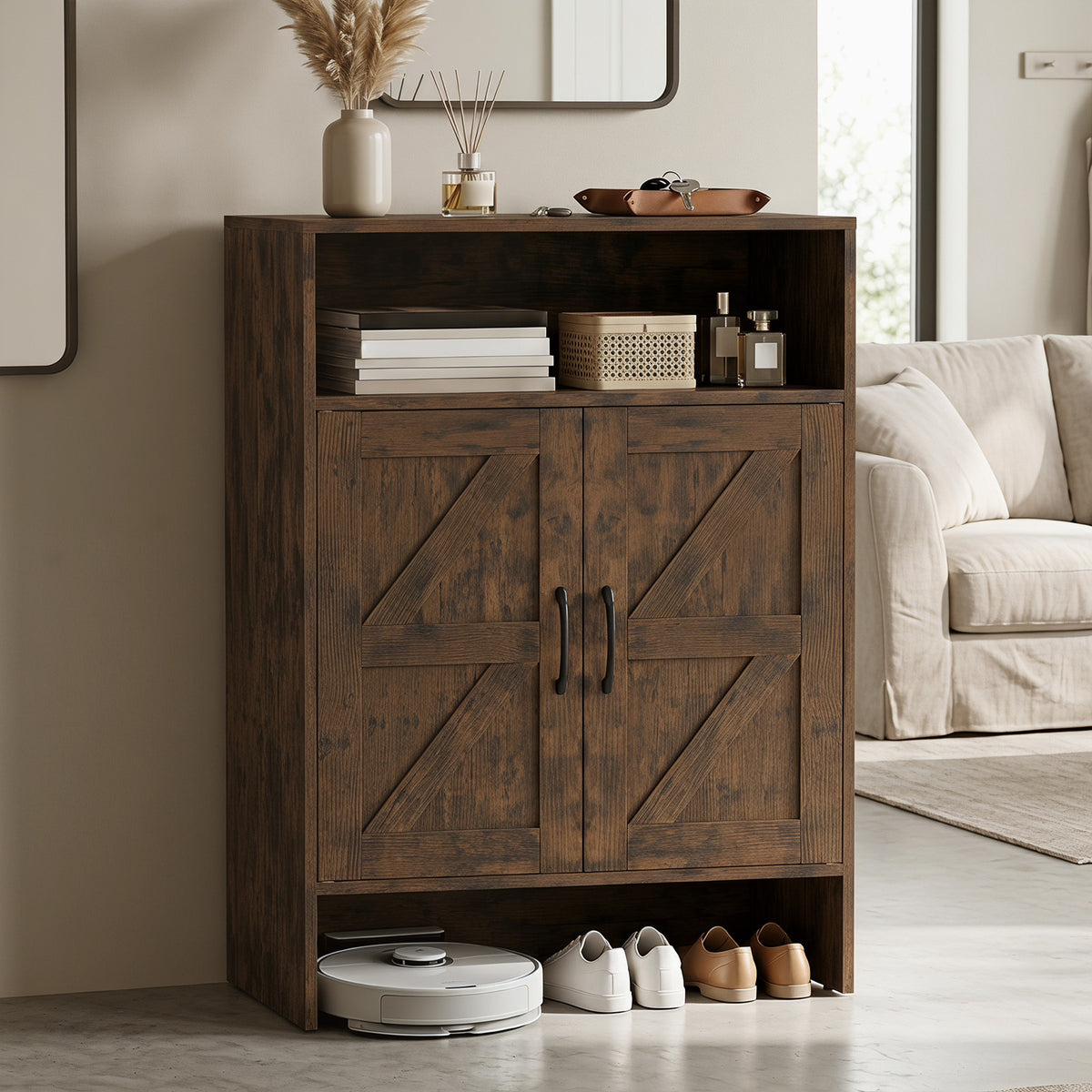 Shoe Cabinet with 2 Barn Doors and Adjustable Shelves for Entryway-Brown