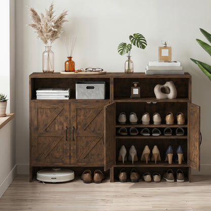 Shoe Cabinet with 2 Barn Doors and Adjustable Shelves for Entryway-Brown