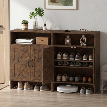Shoe Cabinet with 2 Barn Doors and Adjustable Shelves for Entryway-Brown