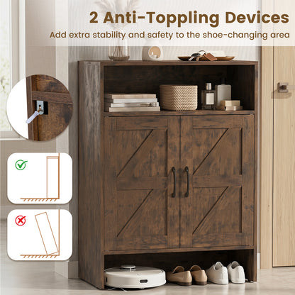 Shoe Cabinet with 2 Barn Doors and Adjustable Shelves for Entryway-Brown