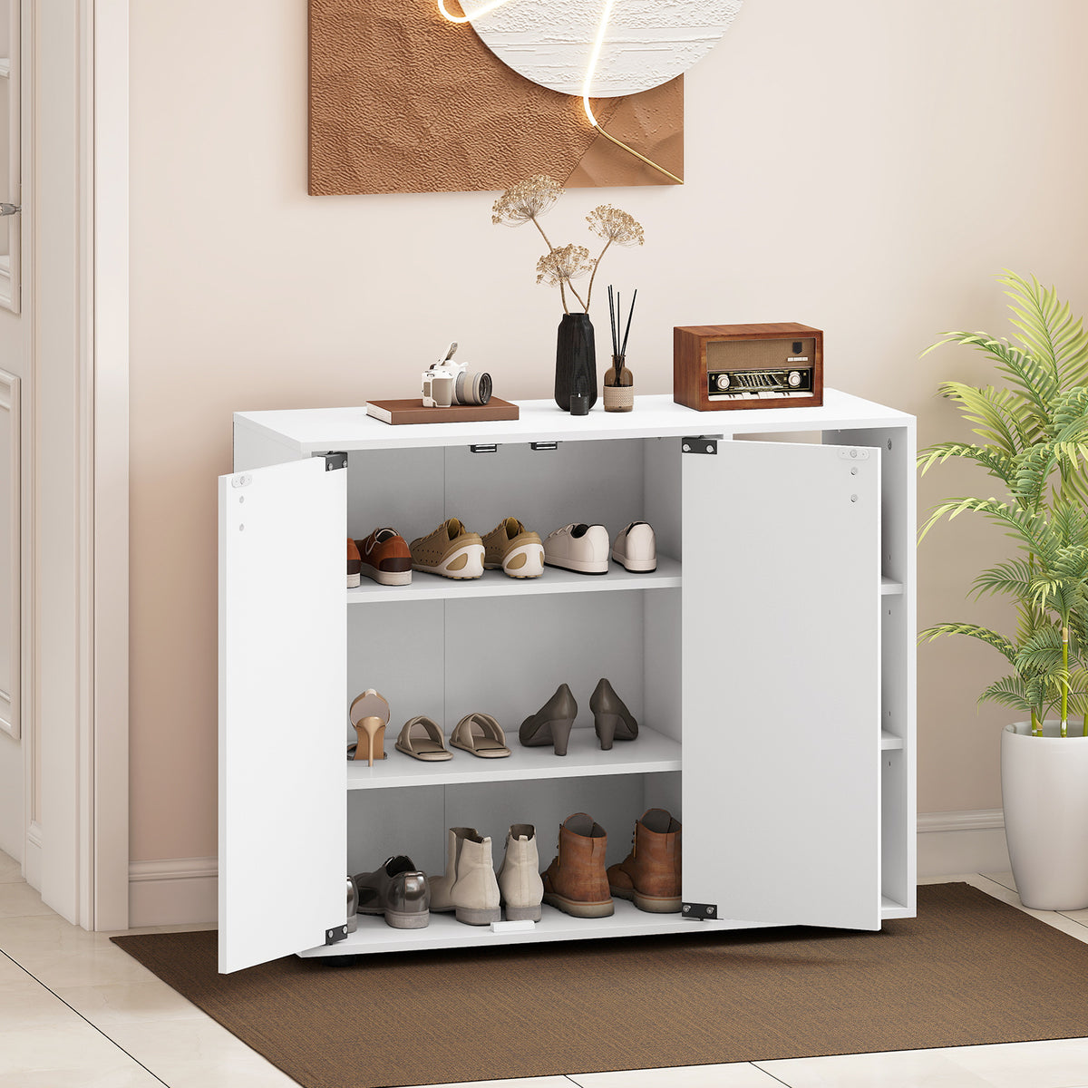 3-Tier Shoe Cabinet with Doors and Adjustable Open Shelves-White