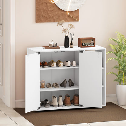 3-Tier Shoe Cabinet with Doors and Adjustable Open Shelves-White