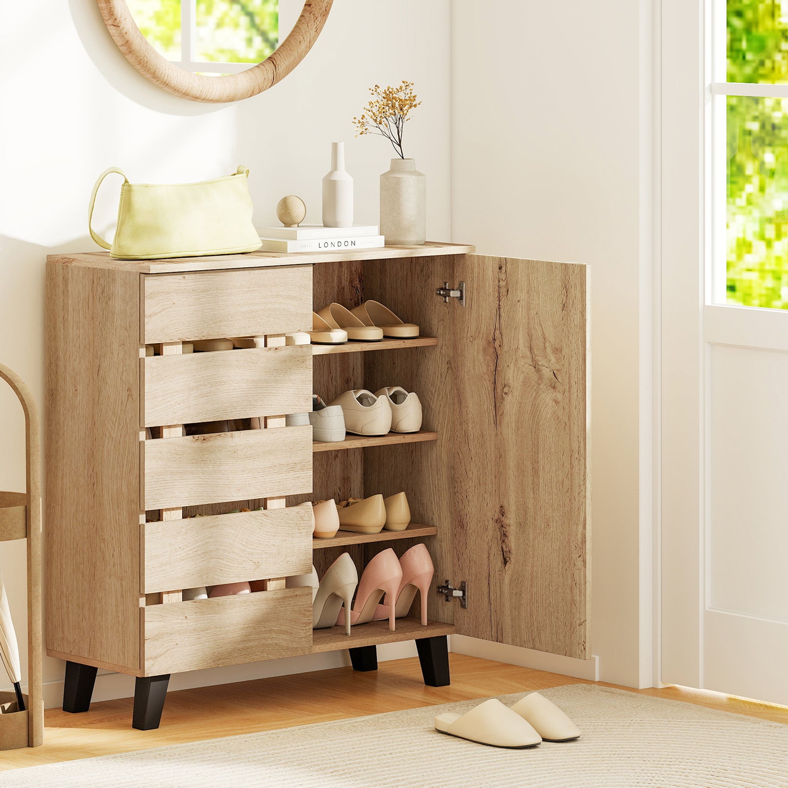 4-Tier Shoe Cabinet with Louvered Door and Removable Shelves-Natural