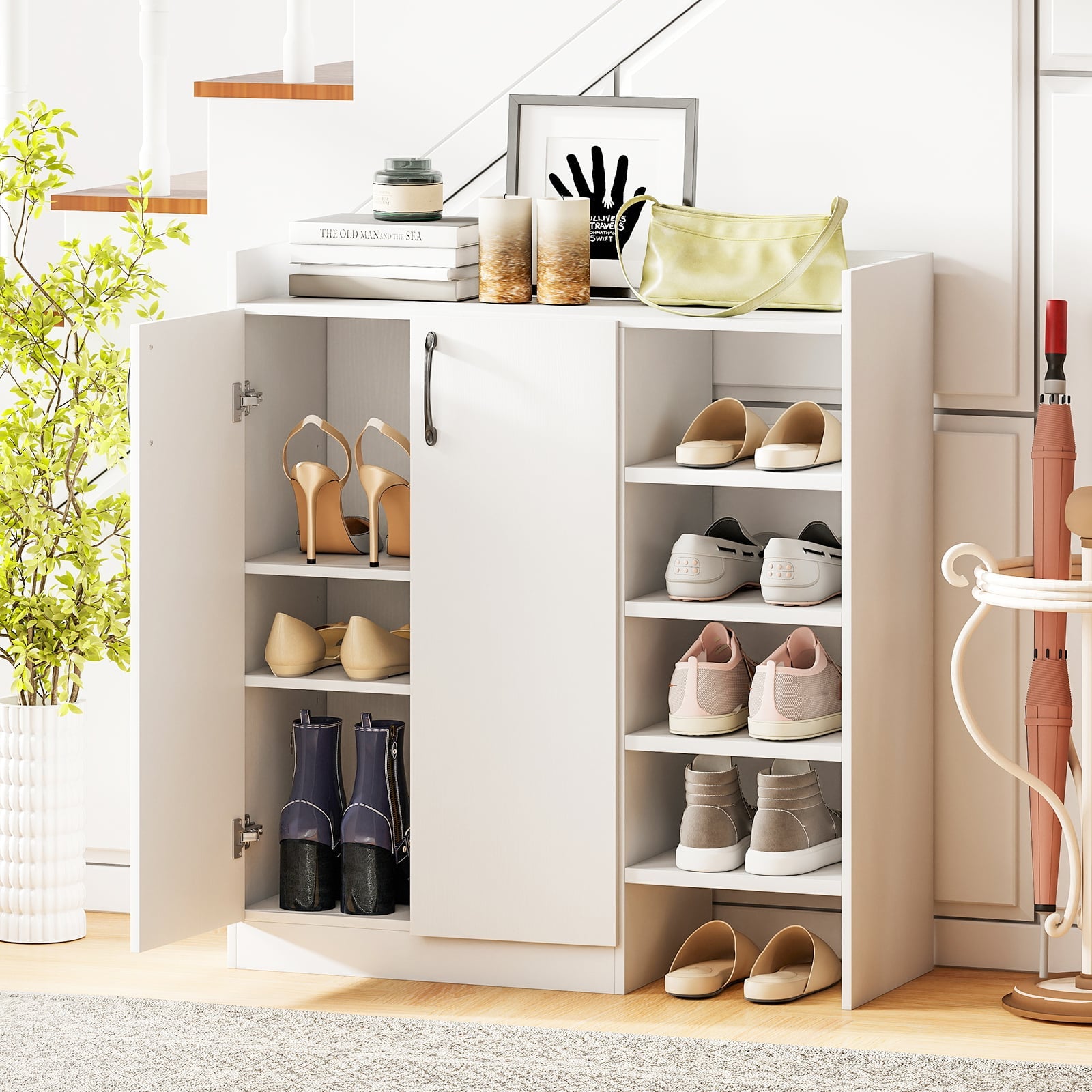 Shoe Storage Organizer with 2 Adjustable Inner Shelves and 4 Open Shelves-White