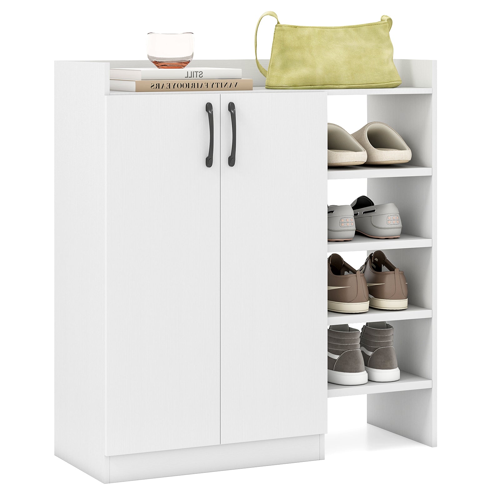 Shoe Storage Organizer with 2 Adjustable Inner Shelves and 4 Open Shelves-White