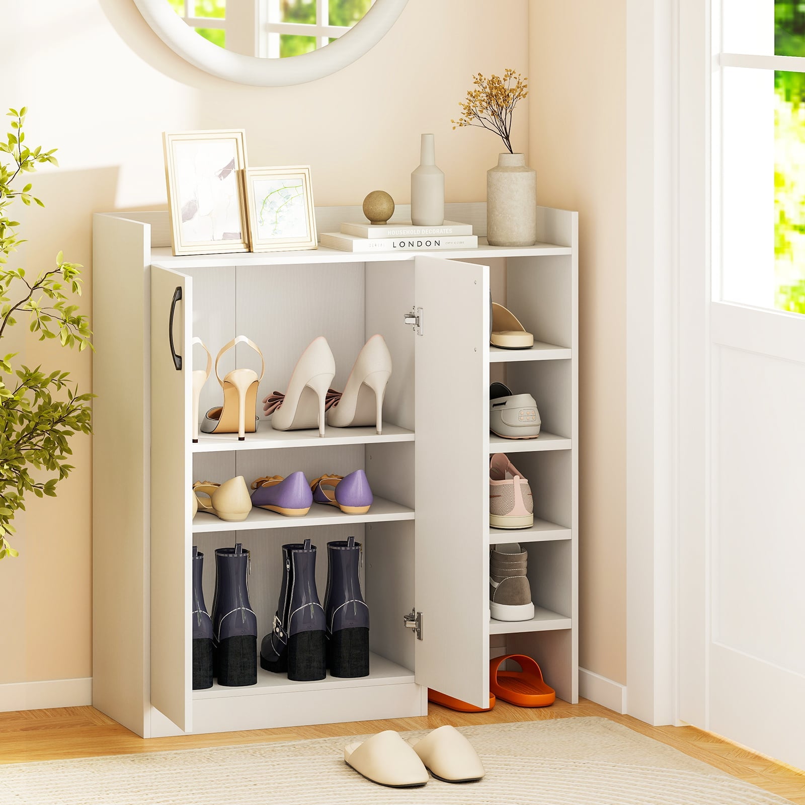 Shoe Storage Organizer with 2 Adjustable Inner Shelves and 4 Open Shelves-White