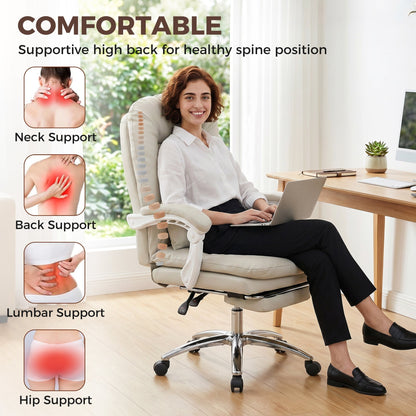 HOMCOM Ergonomic Executive Office Chair, Reclining Desk Chair with Lumbar Support, Footrest, Plush Thick Cushion, Khaki