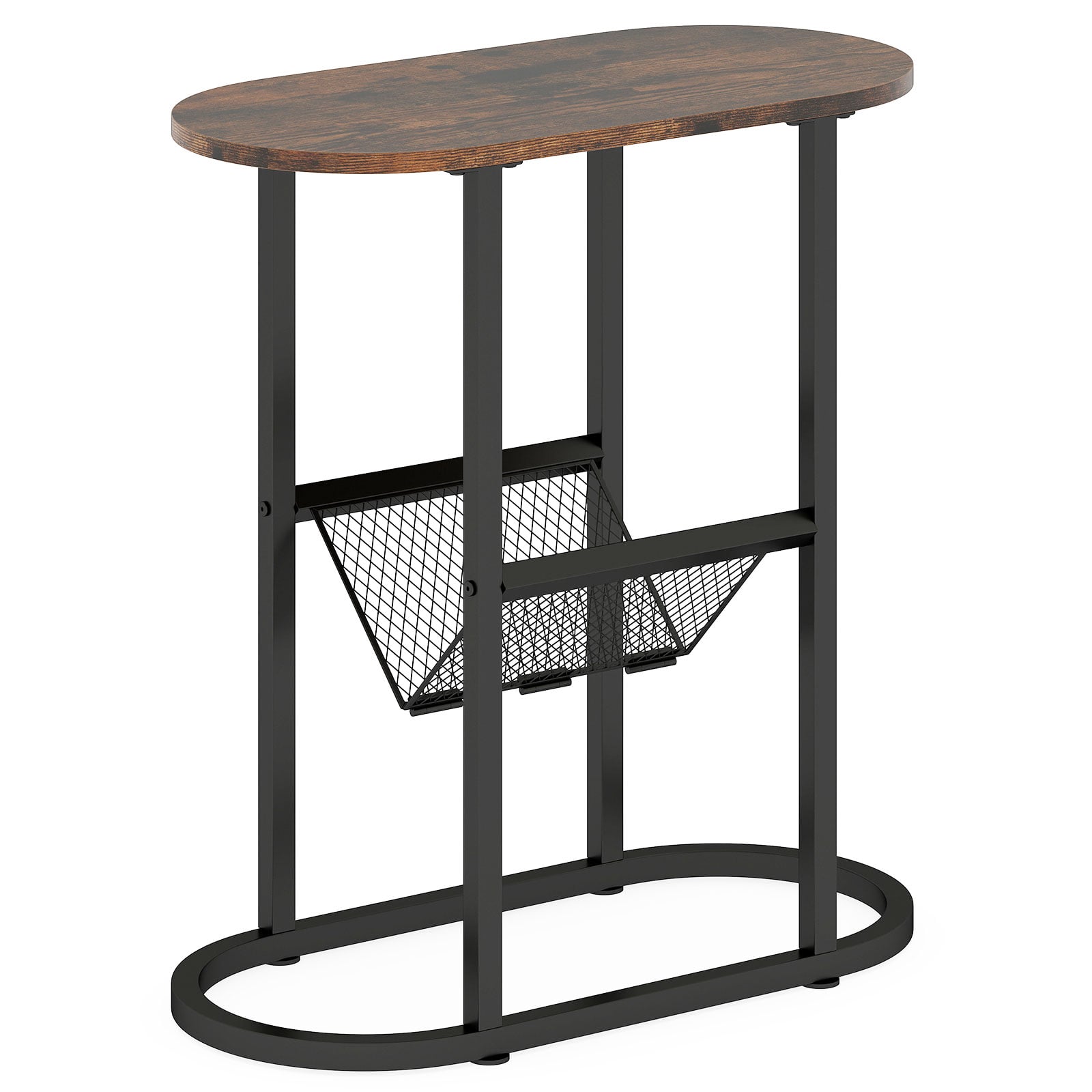 2-Tier Narrow Side Table with Magazine Holder for Living Room Bedroom-Rustic Brown