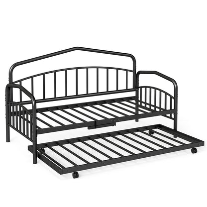 Single Daybed with Rolling Trundle & Lockable Wheels No Box Spring for Bedoom