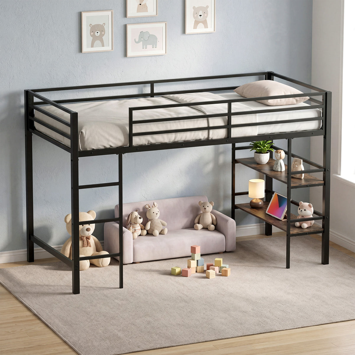 Single Metal Loft Bed with Storage Shelves and Guardrails and Ladder-Rustic Brown