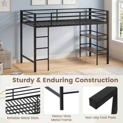 Single Metal Loft Bed with Storage Shelves and Guardrails and Ladder-Rustic Brown