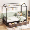 Single Size House Bed with 2 Drawers and Roof for Kids-Rustic Brown