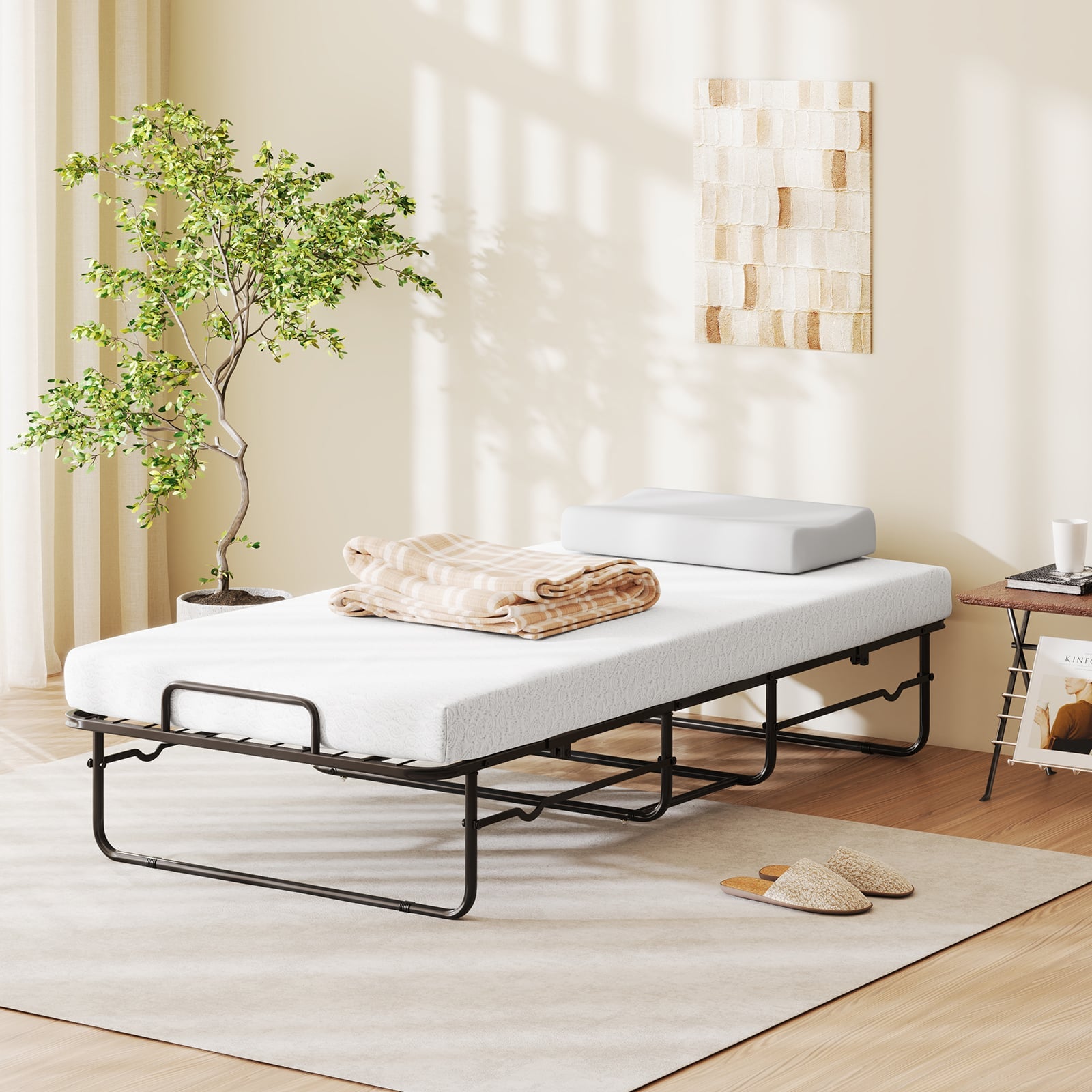 Single Size Folding Bed with Mattress and Lockable Wheels
